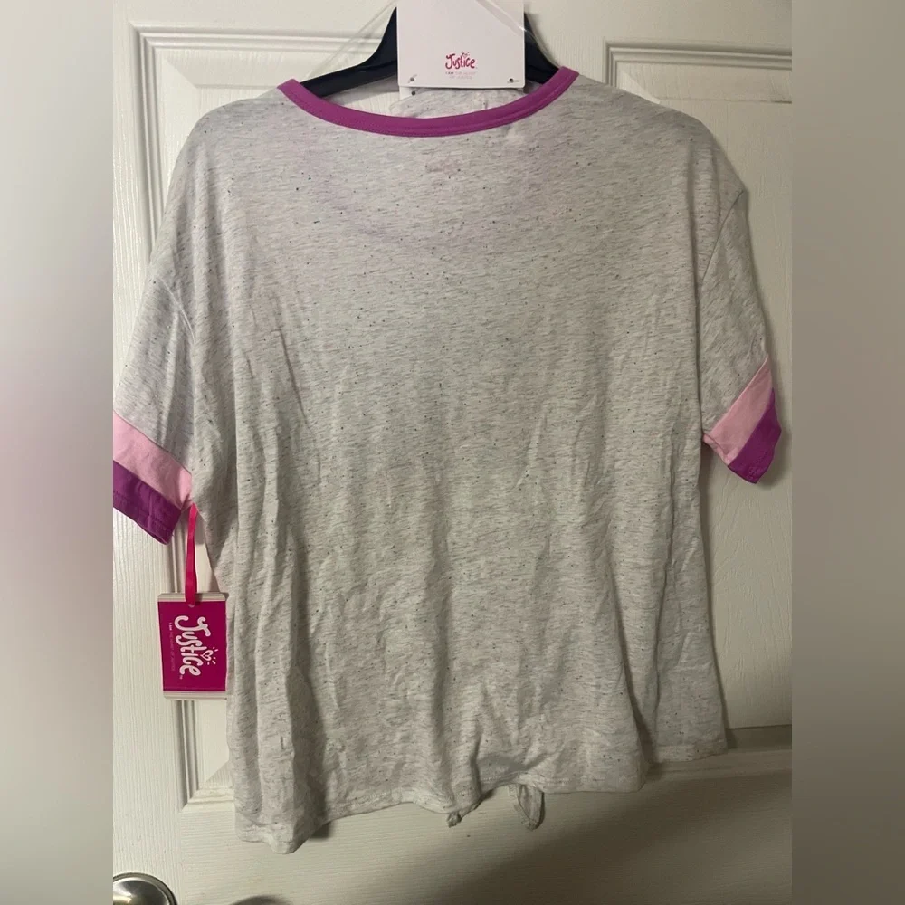🔴 3/$12 Justice Gray and Pink Tie-Front T-Shirt‎ with Hair Tie! NWT!